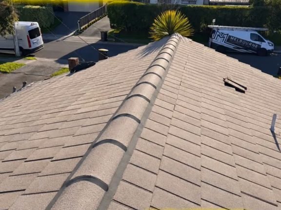 The first roof with its ridge capping repointed